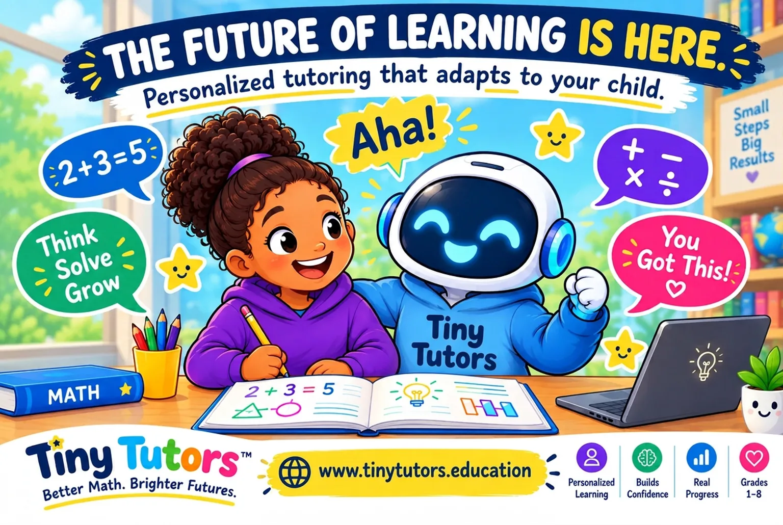 A smiling student holding a pencil over her notebook is cheered on by the Tiny Tutors robot tutor, with math thinking bubbles floating around them.